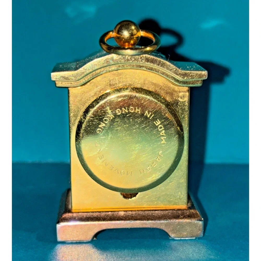 Vintage Mini Brass Quartz Mantel Desk Clock Roman Numerals Hong Kong Gold